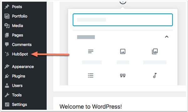 Capture d’écran montrant HubSpot dans le menu latéral gauche de Wordpress